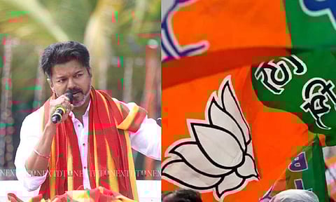 TVK chief Vijay; BJP flag