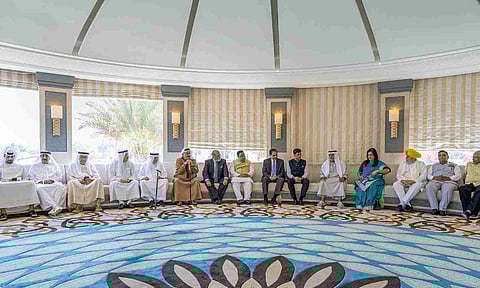 A multi-party delegation led by Shiv Sena MP Shrikant Shinde during a meeting with UAE's Minister of Tolerance Sheikh Nahayan Mabarak Al Nahyan in Abu Dhabi (PTI)