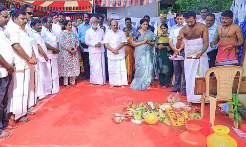 TM Anbarasan and PK Sekarbabu lay foundation stone for the Iyyappanthangal Bus Depot upgradation project (X/@thamoanbarasan)