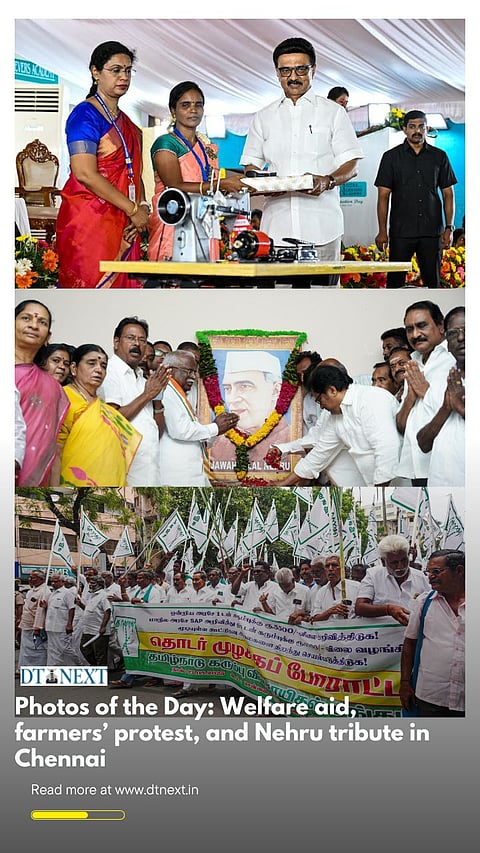 Photos of the Day: Welfare aid, farmersâ€™ protest, and Nehru tribute in Chennai