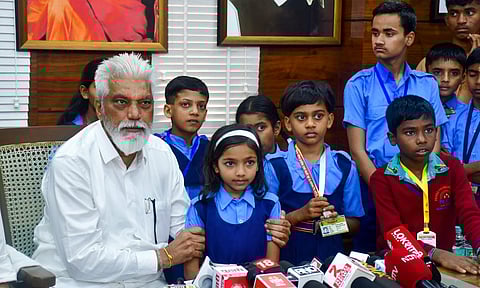 Maharashtra School Education Minister Dadaji Bhuse addresses the media as he takes charge in the presence of school students, in Mumbai, Monday