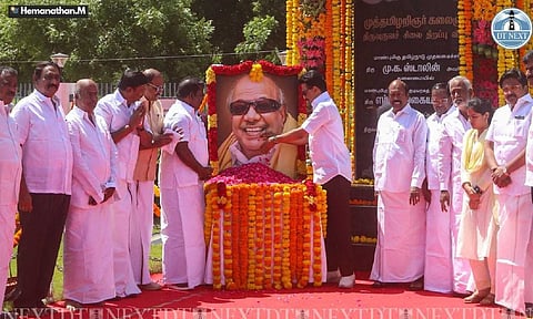 CM Stalin pays floral tributes to former CM Karunanidhi's statue on his birth anniversary at Omandurar Medical College, Chennai (Photo: Hemanathan M)&nbsp;
