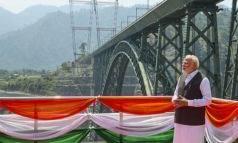 Prime Minister Narendra Modi during the inauguration of the Chenab bridge, the world's highest railway bridge over the Chenab river, in Reasi district (PTI)&nbsp;