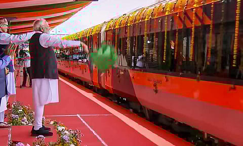 Prime Minister Narendra Modi flags off the Vande Bharat Express to inaugurate the Katra-Srinagar Vande Bharat service, at Shri Mata Vaishno Devi station, in Katra, Jammu and Kashmir, Friday, June 6, 2025 (PTI)&nbsp;
