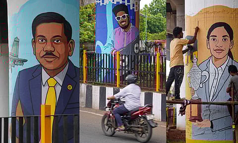 Murals of DRDO scientist Dilli Babu; DJ Black aka Sudhan Kumar; youngest Carrom World Cup winner MB Khazima (Photo: Nitheeshwar)&nbsp;