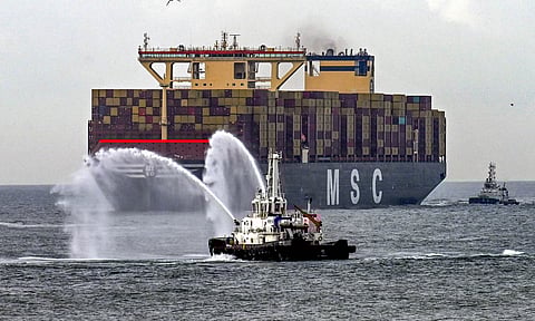 Water salute being given to MSC Irina, the world's largest container vessel, upon its arrival at the Vizhinjam International Seaport Limited (VISL), in Thiruvananthapuram (PTI)&nbsp;