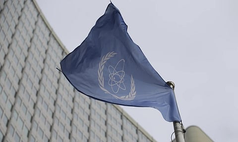 The flag of the International Atomic Energy Agency flys in front of its headquarters during an IAEA Board of Governors meeting in Vienna, Austria, Feb. 6, 2023. (AP)