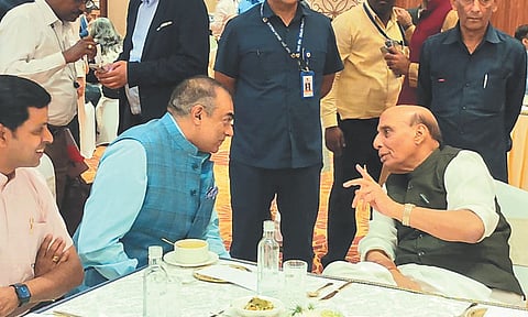 Director of Daily Thanthi Group S Balasubramanian Adityan with Rajnath Singh at the event in New Delhi