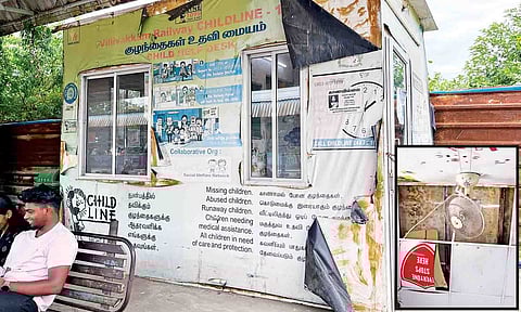 Cracks in the ceiling and broken fan at the dilapidated helpline centre in Villivakkam rail station