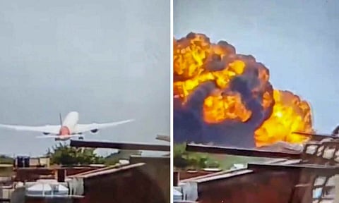 In this combo of images, a London-bound Air India plane crashes moments after taking off from the Ahmedabad airport, Thursday, June 12, 2025 (PTI)&nbsp;