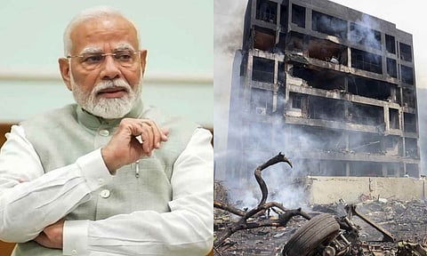 PM Narendra Modi; Debris of an Air India plane that crashed moments after taking off from the Ahmedabad airport, Thursday, June 12, 2025 (PTI)&nbsp;