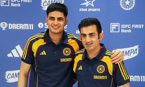India's Test cricket team captain Shubman Gill and head coach Gautam Gambhir during the pre-departure press conference