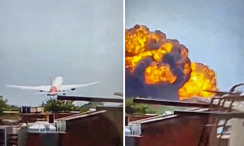 In this combo of images, a London-bound Air India plane crashes moments after taking off from the Ahmedabad airport, Thursday, June 12, 2025 (PTI)&nbsp;
