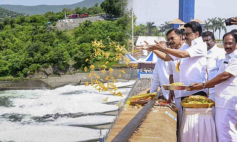Tamil Nadu Chief Minister M.K. Stalin during the release of water from the Mettur dam for irrigation in the Cauvery Delta region, in Salem district (PTI)&nbsp;