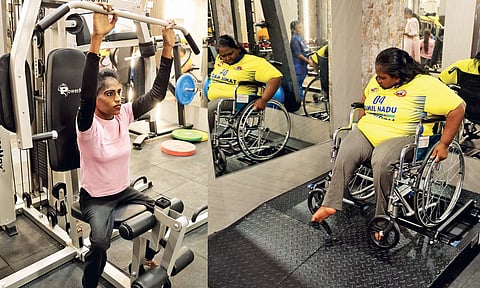A specially-abled woman working out at the gym; Unique treadmill equipment for women using wheelchair&nbsp;