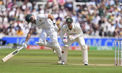 South Africa's Aiden Markram, left, makes it successfully into the crease on day four of the World Test Championship final between South Africa and Australia at Lord's cricket ground in London, Saturday, June 14, 2025 (PTI)&nbsp;