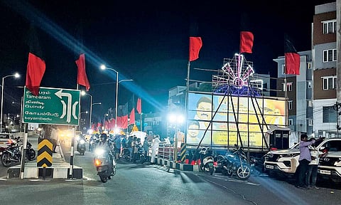 A political meeting in progress on the service road&nbsp;