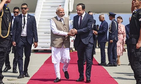 Cyprus President Nikos Christodoulides welcomed PM Narendra Modi upon his arrival in Larnaca, Cyprus, (PTI)