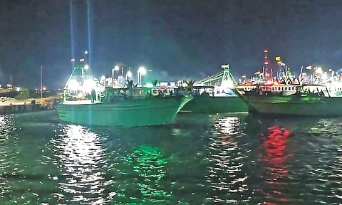 Fleet of mechanised boats line up at Thoothukudi harbour to resume fishing early Monday morning&nbsp;