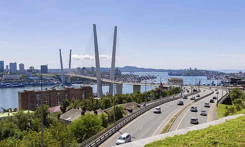A view of the bridge connecting the Russky Island and Vladivostok, in Russia’s far east, on Saturday (AP)