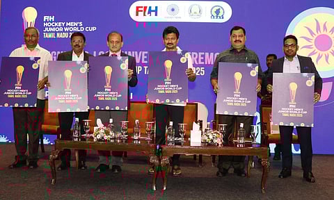Deputy CM Udhayanidhi Stalin and dignitaries from Hockey India and SDAT unveil the logo of the tournament&nbsp;