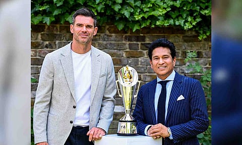 Sachin Tendulkar and James Anderson pose for pictures with the new Anderson-Tendulkar trophy (PTI)