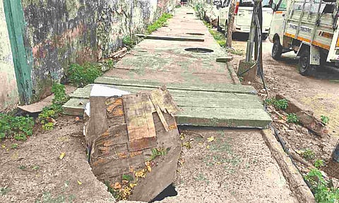 One of the drains on the stretch covered with a plywood sheet