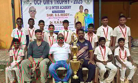 OCF GM's U-13 Inter Academy Trophy 2025 Winner Rising Jawans CA with Shri. B.S. Reddy General Manager OCF Avadi