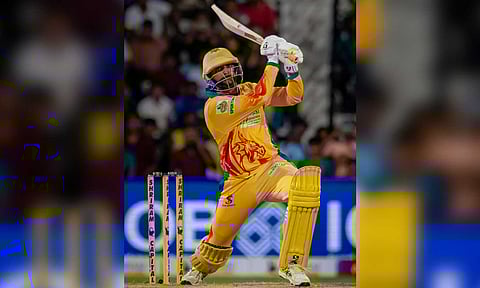 &nbsp;Varun Chakravarthy plays a shot during the match
