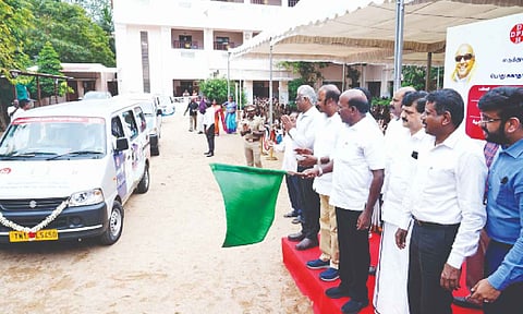 Health minister Ma Subramanian flags off three new mobile medical teams at a private school in T Nagar, on Monday