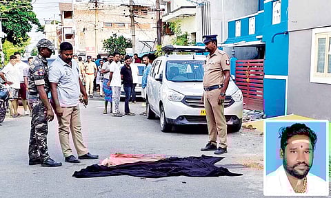 Police investigating at the spot where (inset)Balamurugan was murdered at Kamaraj Nagar in Tirupur on Wednesday