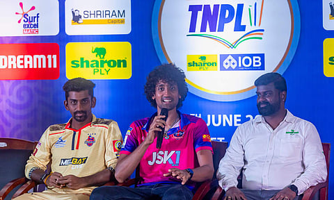 Chepauk Super Gillies captain B Aparajith and Tiruppur Tamizhans skipper R Sai Kishore at a press meet&nbsp;