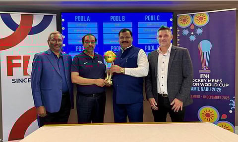 HI Director General RK Srivastava, FIH President Dato Tayyab Ikram, HI Secretary General Bhola Nath Singh and FIH Director General Mike Joyce with the trophy during the draw