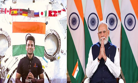 Prime Minister Narendra Modi during an interaction with Group Captain Shubhanshu Shukla, who is aboard the International Space Station as part of a commercial mission operated by Axiom Space (PTI)