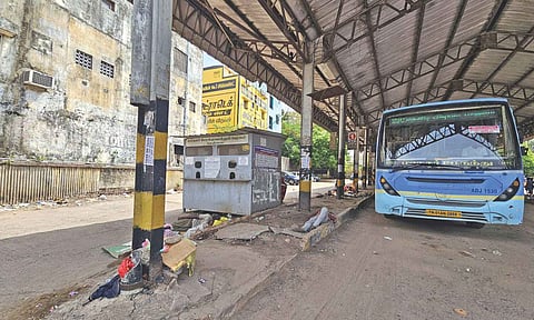 Pavement of the bus depot in Aynavaram is always lined with people sleeping off their liquor