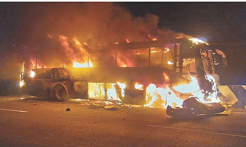 Electric omnibus up in flames early Sunday