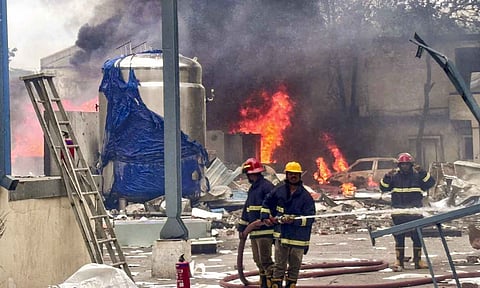 Firefighters try to extinguish a fire that broke out in a chemical factory, at Pashamylaram, in Medak district, Telangana, Monday, June 30, 2025 (PTI)&nbsp;