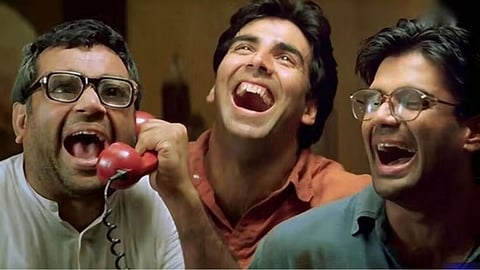 Paresh Rawal, Akshay Kumar and Suniel Shetty in a still from Hera Pheri.