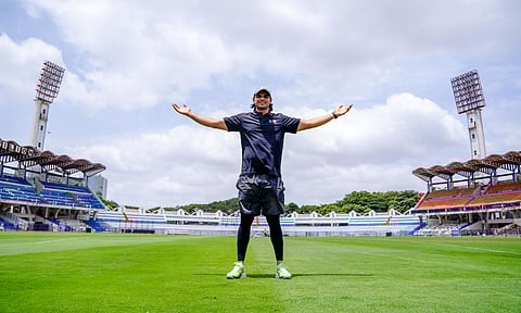 Neeraj Chopra poses at the Kanteerava Stadium in Bengaluru (Picture credit: JSW Sports)