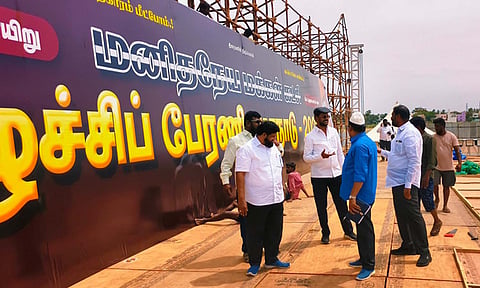 MMK workers inspecting arrangements for party’s upcoming Madurai Conference