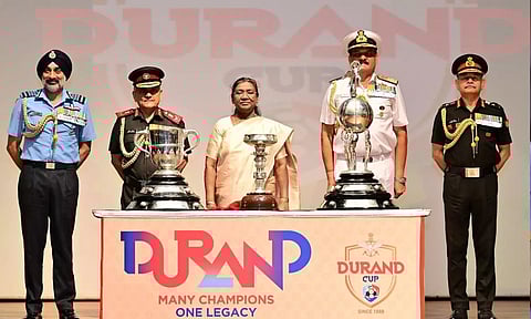 President Droupadi Murmu unveiled the Trophies of the 2025 Durand Cup Football Tournament (PIB)