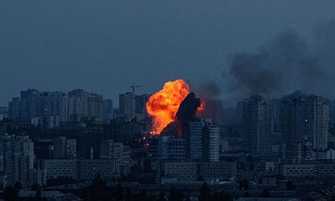 An explosion is seen after a Russian air strike on Kyiv, Ukraine (Credit: AP)