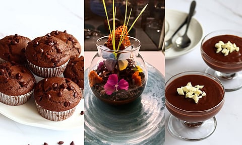 Chocolate muffins, Chocolate Mousse, and Chocolate pudding