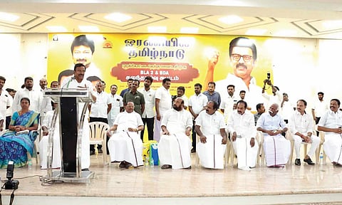 Minister and senior DMK leader KN Nehru addressing party’s booth-level workers for conducting Oraniyil Tamil Nadu drive to increase cadre base in Tiruchy on Tuesday