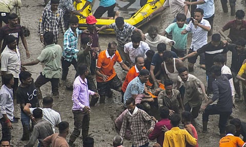 Rescue operation underway after several vehicles fell into the Mahisagar river when a portion of a four-decade-old bridge collapsed, in Gujarat's Vadodara district, Wednesday, July 9, 2025 (PTI)&nbsp;