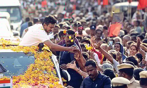 Udhayanidhi being greeted during his visit to Karur on Wednesday&nbsp;