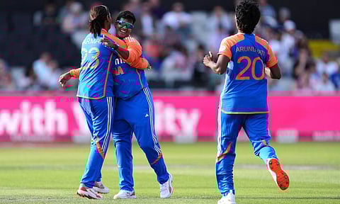 India's Deepti Sharma, center, celebrates the wicket of England's Sophia Dunkley during the fourth women's IT20 at Old Trafford Cricket Ground, Manchester, England, Wednesday July 9, 2025 (PTI)