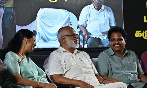 DMK MP Kanimozhi, CPM general secretary MA Baby and CPM MP Su Venkatesan sharing a moment at the event