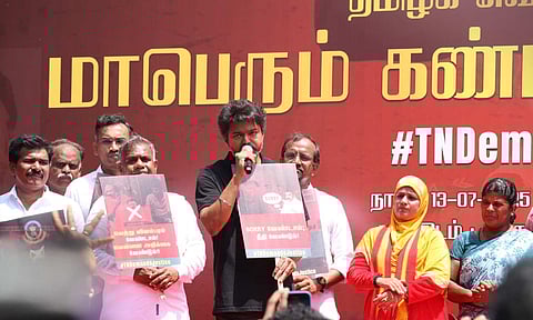 Founder-chief of Tamilaga Vettri Kazhagam, actor-politician Vijay addressing TVK's protest rally in Chennai (Photo: Hemanathan M)&nbsp;
