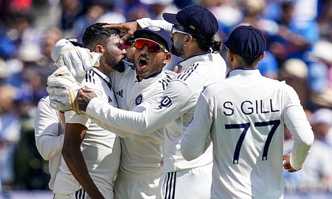 India's bowler Mohammed Siraj celebrates with teammates after taking the wicket of England's batter Ben Duckett during the fourth day of the third Test match between India and England, at the Lord's Cricket Ground, in London, Sunday, July 13, 2025 (PTI)&nbsp;